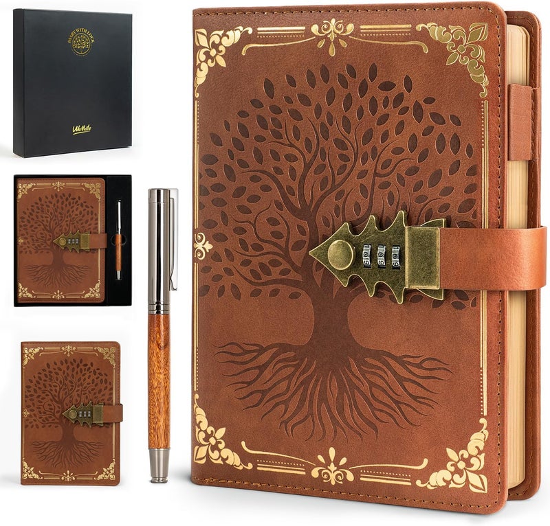 WEMATE Lock Journal with Pen & Gift Box, A5 260 Pages, Refillable, Hardcover Leather Password Notebook for Writing, Vintage Lock Diary for Women, Girls, Men, Students, 8.6 x 5.8 in, Brown - Image 1